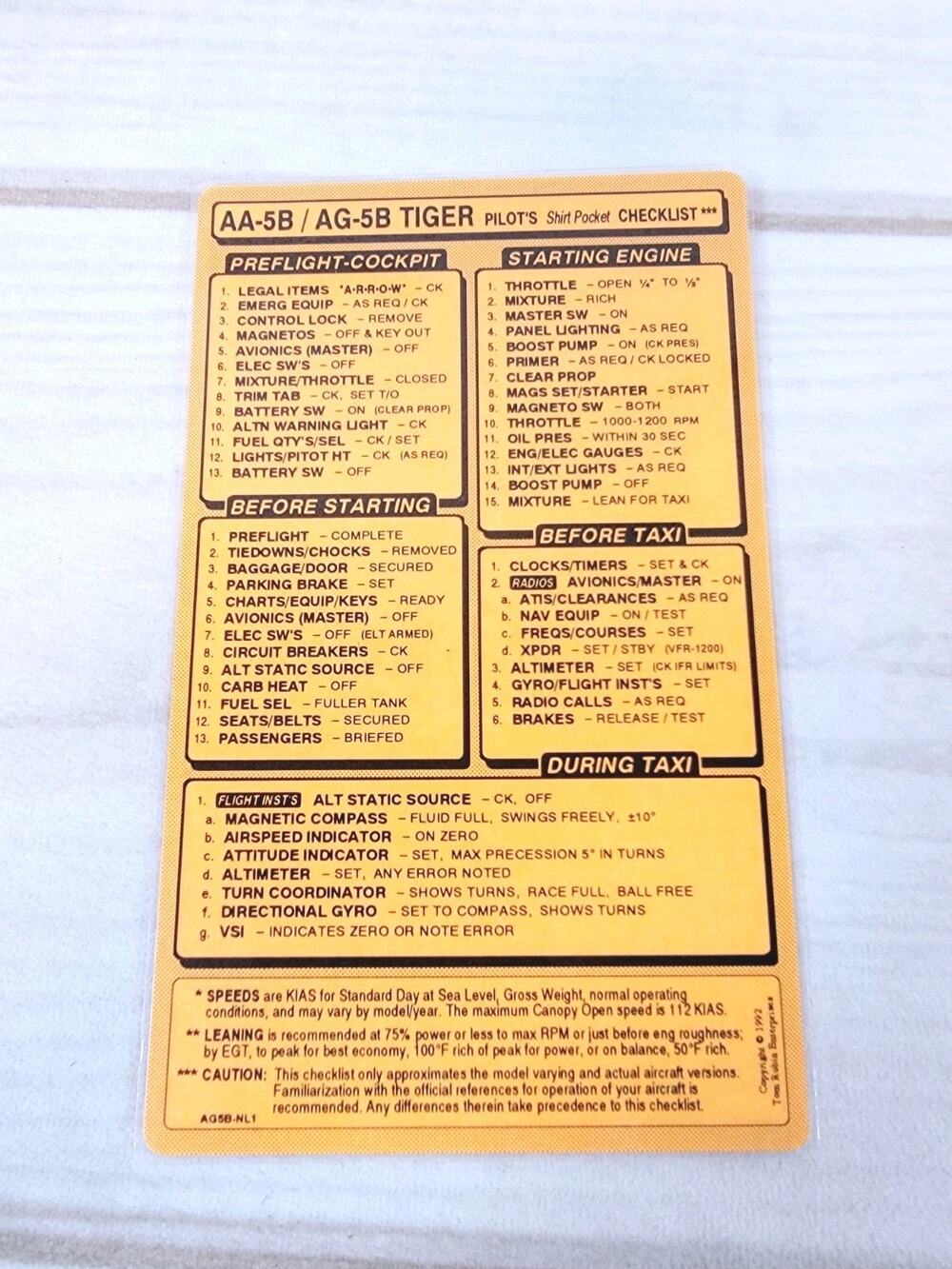 AA-5B/AG-5B Tiger Quick Reference Checklist Shirt Pocket Aviation Laminated Card